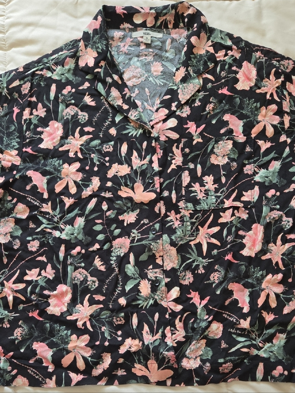 Vans Black Short-Sleeve Button-Down with Pink Floral & Green Foliage